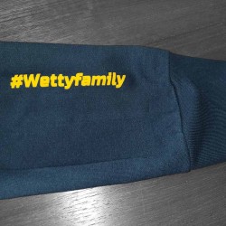 SWEAT A CAPUCHE WETTY BLEU MARINE LOGO JAUNE