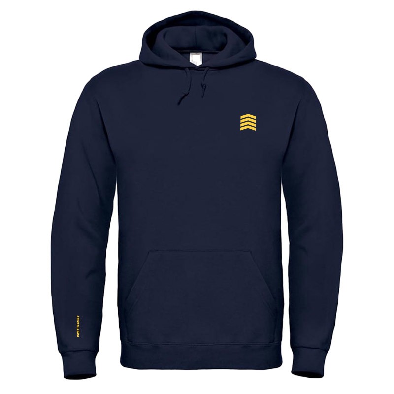 SWEAT A CAPUCHE WETTY BLEU MARINE LOGO JAUNE